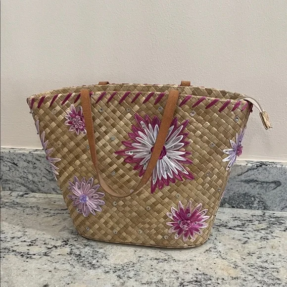 Floral Woven Tote Bag - Tan and Pink - Picture 1 of 11